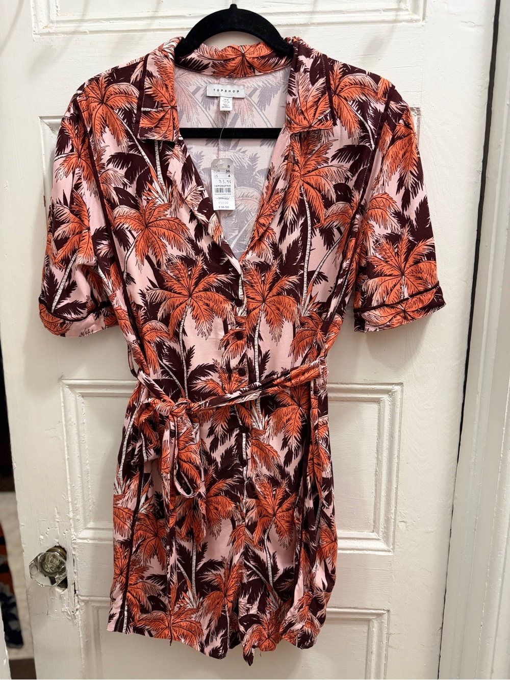 Topshop Pink and Orange Palm Print Short Sleeve Romper